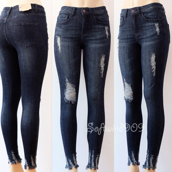 Last☝️Distressed Dark Blue High Waist Skinny Jeans - Picture 2 of 8